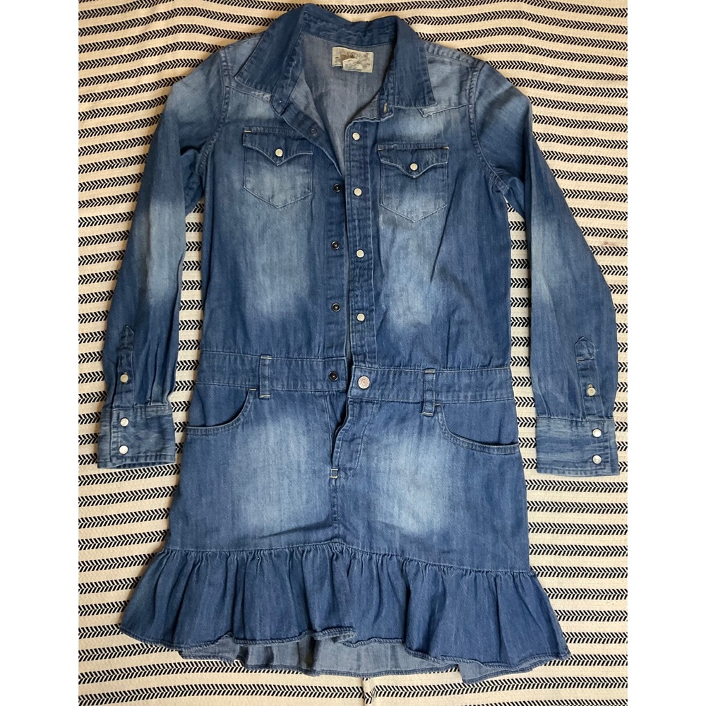 Ralph Lauren Denim Dress Ruffle Hem‎ Long Sleeve Button 100% Cotton GIRLS 12